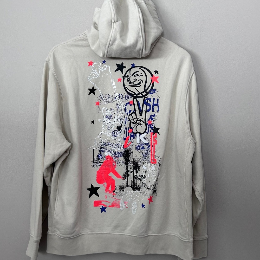 Nike Hoodie Mens L Cream Basketball Graphic Stars Pullover Sweatshirt Streetwear - Picture 2 of 10